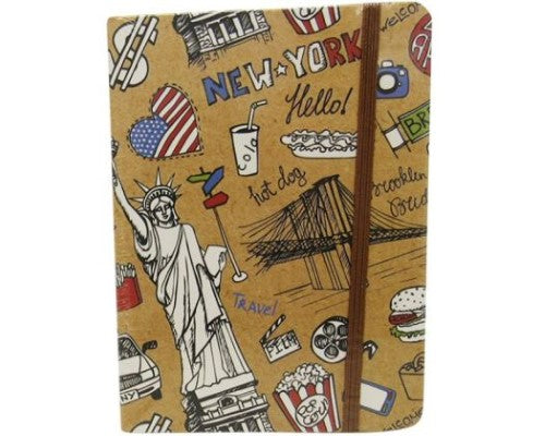 Travel-themed notebook with lined pages and elastic closure, ideal for documenting journeys, 14.5 x 10.5 cm.