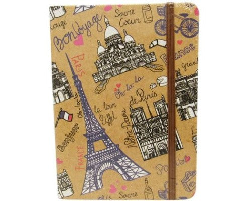 Elegant travel-themed notebook with lined pages, elastic closure, perfect for capturing Paris adventures.