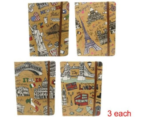 Set of 12 lined travel notebooks with elastic closures, perfect for jotting down adventures and memories on the go.