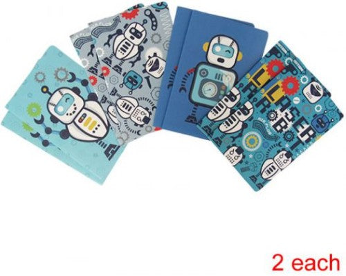 Set of 8 robot-themed notebooks with lined paper, perfect for students and creatives.