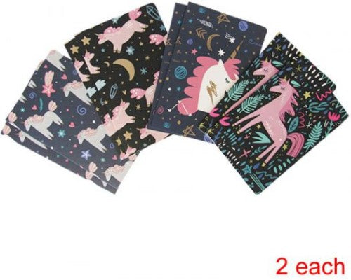 Set of 8 unicorn-themed notebooks featuring vibrant illustrations and lined paper for creative writing, measuring 20.5 x 13.5 cm.