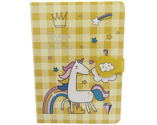 Stylish yellow notebook with button closure, lined pages for organized writing, perfect for students and creatives.