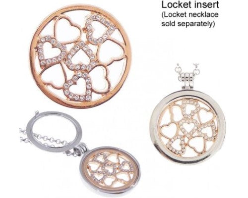 Rose gold locket insert shaped like hearts, adorned with sparkling diamantes, 31mm diameter for cherished memories.