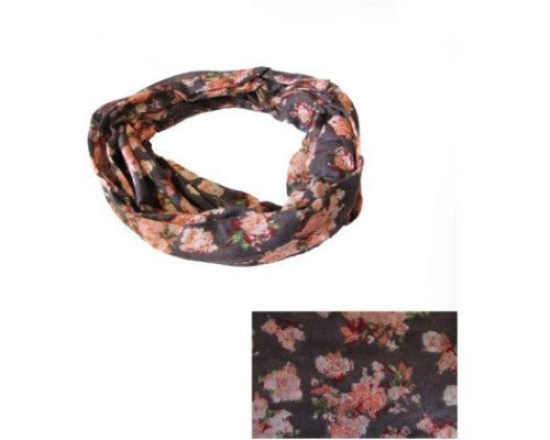 Charcoal snood with peach flowers, 80cm x 45cm, stylish and warm accessory for versatile outfits.