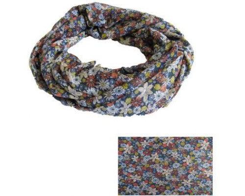 Vibrant Colourful Flower Snood in blue, yellow, and red, made of soft 100% polyester, versatile for various stylish uses.