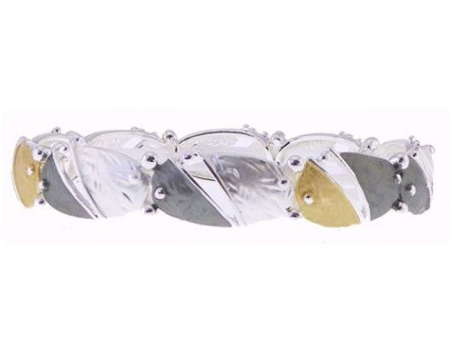 Elegant gold, silver, and grey oval links create a versatile elasticated bracelet for any occasion.