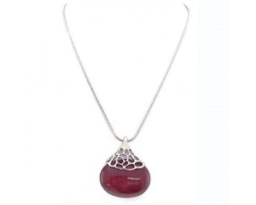 Elegant berry resin oval necklace with a silver lace bail, perfect for any occasion and outfit layering.