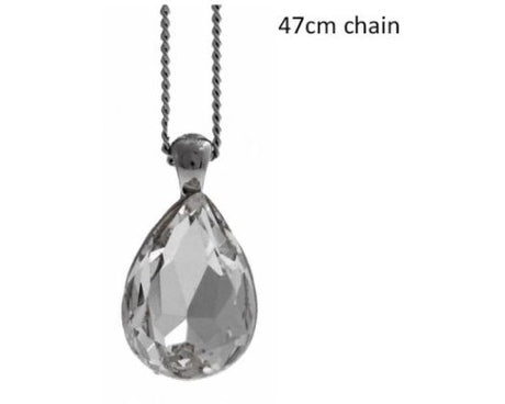 Elegant Pear Drop Crystal Necklace featuring a 1.5cm teardrop CZ pendant on a 47cm silver-plated chain.