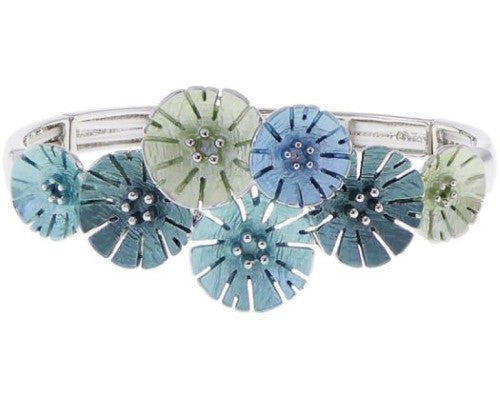 Elasticated bracelet featuring vibrant aqua and green flower designs with rhodium plating for elegance and durability.