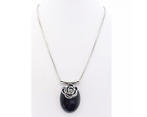 Elegant black oval necklace with silver rose bail, 46cm long, perfect for layering or solo wear.