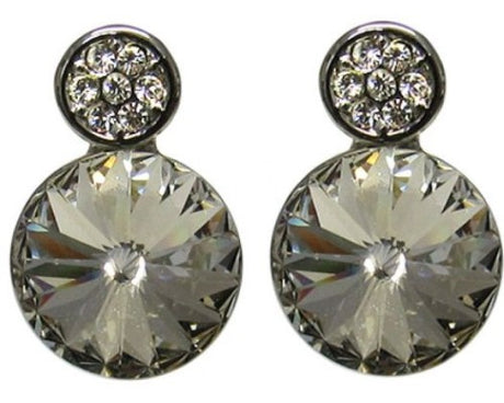 Elegant pierced earrings featuring large round clear CZ center and sparkling diamante studs, perfect for day or night.