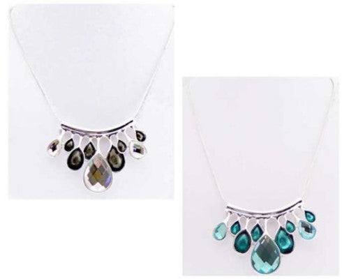 Elegant aqua crystal teardrop necklaces, perfect for layering or standalone wear, enhancing any style with modern charm.