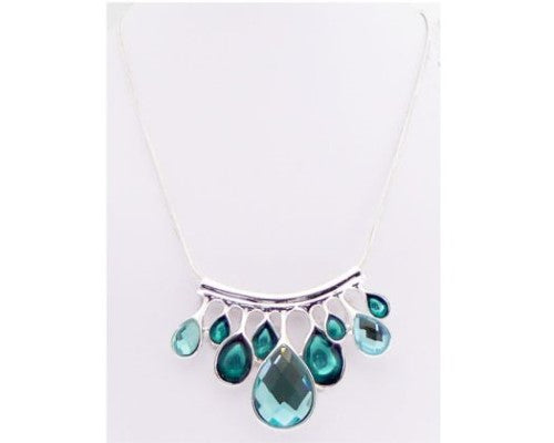 Aqua crystal and enamel teardrop necklace, 46cm long, adds elegance and shimmer to any outfit.