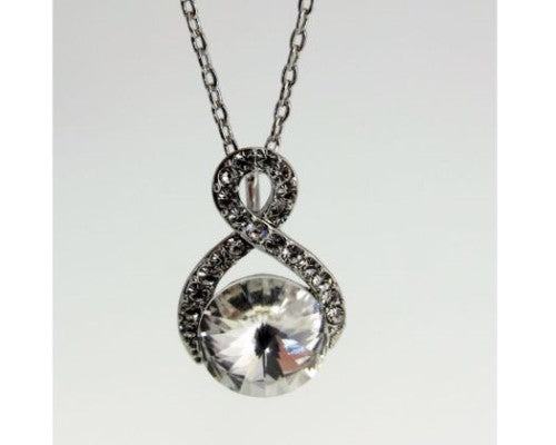 Elegant infinity twist necklace featuring a single clear cubic zirconia, 46cm with 5cm extension, perfect for any occasion.