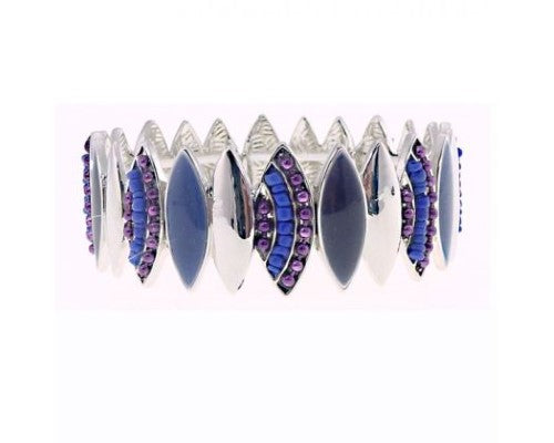 Elegant Ellipses Bracelet featuring charcoal, silver, blue, and purple beads on an elasticated design for all wrist sizes.