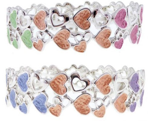 Multi-coloured enamel hearts bracelet with vibrant colors, elasticated for comfort and perfect for layering or solo wear.