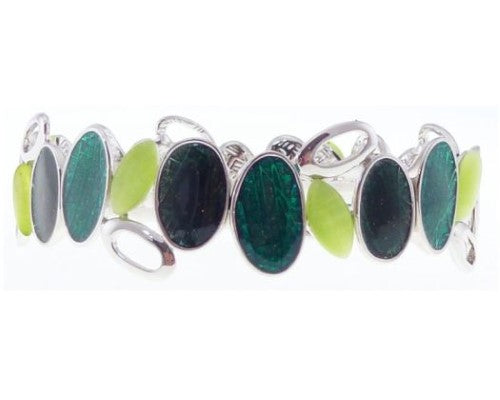 Elegant teal and silver elasticated bracelet featuring unique oval design, perfect for any occasion.