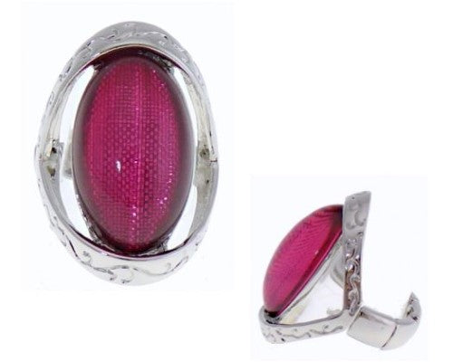 Vibrant fuchsia oval ring with silver surround, elasticated design for a comfortable fit, elegant and stylish accessory.