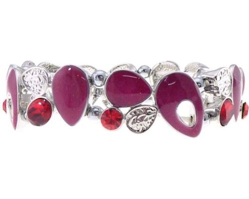 Elegant bracelet featuring dark and light fuchsia teardrops adorned with bright red crystals, perfect for any occasion.