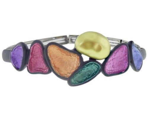 Gunmetal bracelet with vibrant enamel and pearlised colours, featuring an elasticated design for a comfortable fit.