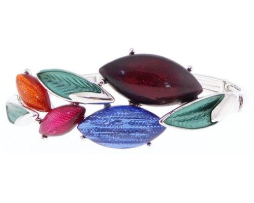 Vibrant fuchsia, blue, and orange resin leaves bracelet, elasticated for comfort and a unique bohemian chic style.
