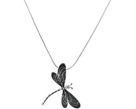 Elegant black and silver dragonfly necklace on a 47 cm chain, symbolizing transformation and hope. Perfect for any occasion.