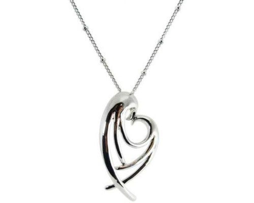 Elegant rhodium necklace featuring a heart embraced by angel wings, symbolizing love and protection.