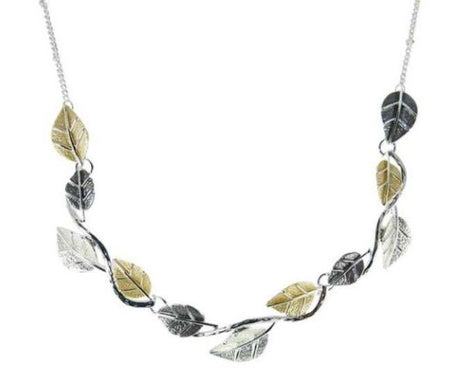Elegant Leaves Necklace in gold, white, and silver with a 28 cm chain, symbolizing growth and versatility.