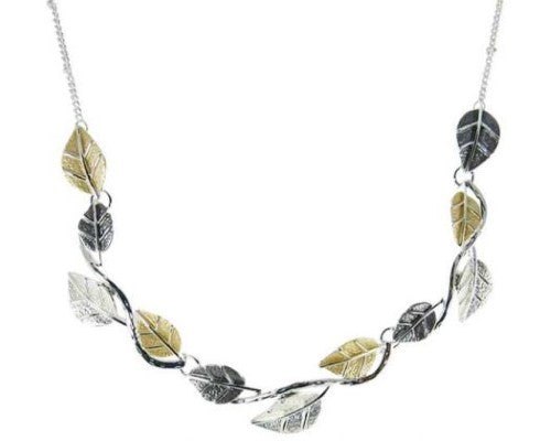 Elegant Leaves Necklace in gold, white, and silver with a 28 cm chain, symbolizing growth and versatility.