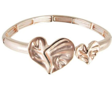 Rose gold bracelet featuring dual-heart charm, symbolizes love; elasticated for comfort and perfect fit.