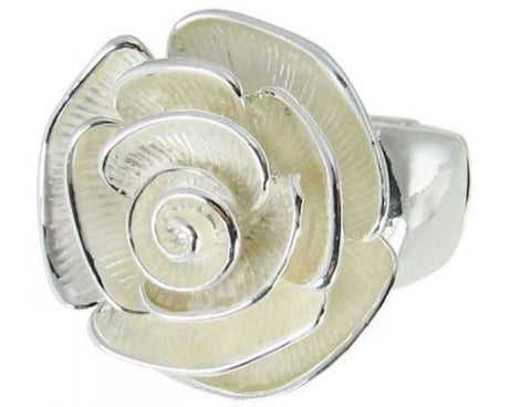 Elegant Jax Ivory Rose Ring with a captivating rose centerpiece and elasticated band for comfortable all-day wear.