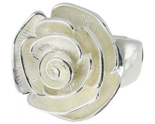 Elegant Jax Ivory Rose Ring with a captivating rose centerpiece and elasticated band for comfortable all-day wear.