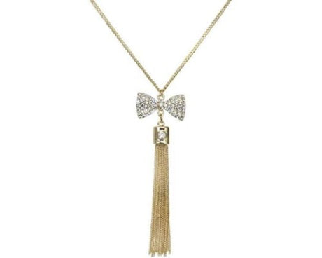 Elegant gold necklace featuring a chic bow design and a stylish tassel, customizable chain length for a perfect fit.
