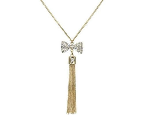 Elegant gold necklace featuring a chic bow design and a stylish tassel, customizable chain length for a perfect fit.