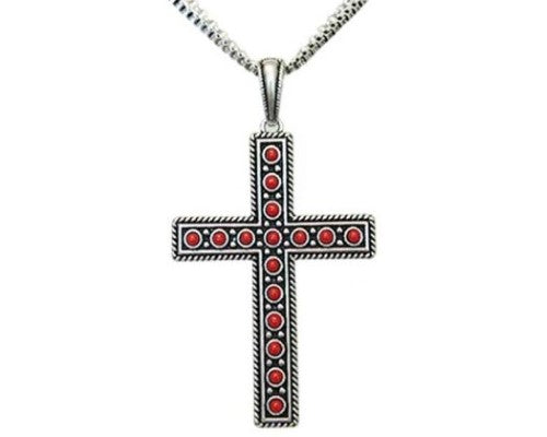 Antique silver cross necklace with red detailing, featuring unique pendant and intertwined chains for versatile styling.