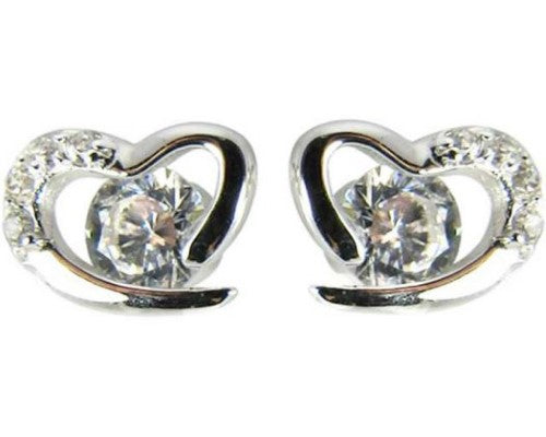 Jax Sterling Silver Heart Earrings with white diamante, 0.6 x 0.8 cm, perfect for everyday wear and special occasions.