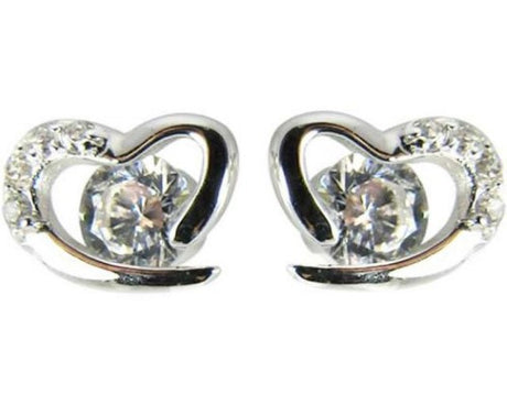 Jax Sterling Silver Heart Earrings with white diamante, 0.6 x 0.8 cm, perfect for everyday wear and special occasions.