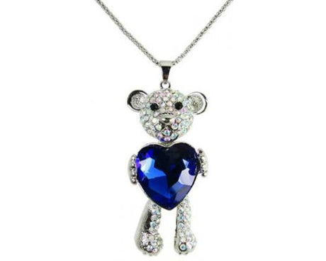 Large sparkling bear pendant necklace with crystal heart, adjustable 70 cm chain and 7 cm extension, symbolizes love.