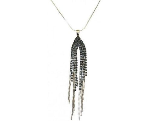 Antique silver tassel necklace with sparkling diamantes on a 70 cm chain, perfect for elegant occasions.