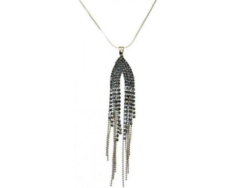 Antique silver tassel necklace with sparkling diamantes on a 70 cm chain, perfect for elegant occasions.