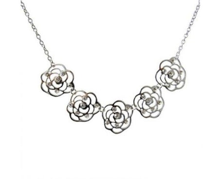 Elegant necklace featuring five diamante roses in rhodium finish, perfect for any occasion.
