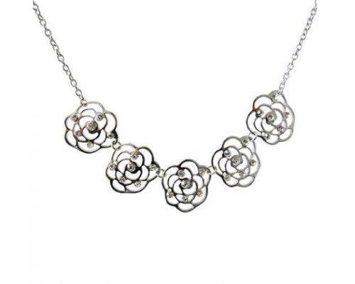 Elegant necklace featuring five diamante roses in rhodium finish, perfect for any occasion.