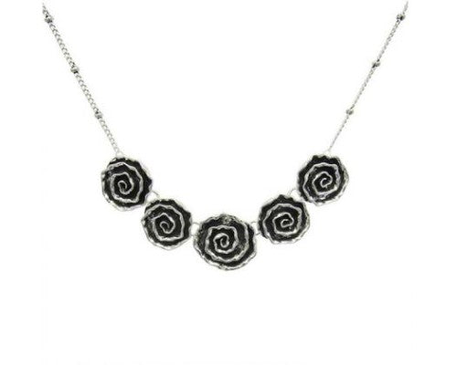 Necklace featuring five swirl roses in antique silver on a customizable chain, perfect for elegant layering or solo wear.