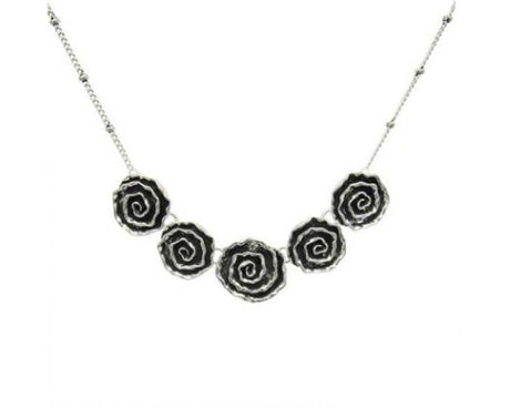 Necklace featuring five swirl roses in antique silver on a customizable chain, perfect for elegant layering or solo wear.