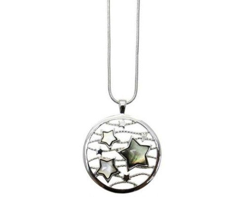 Jax Sea Shell and Stars Necklace featuring three seashell stars in a rhodium circle, on a delicate snake chain.
