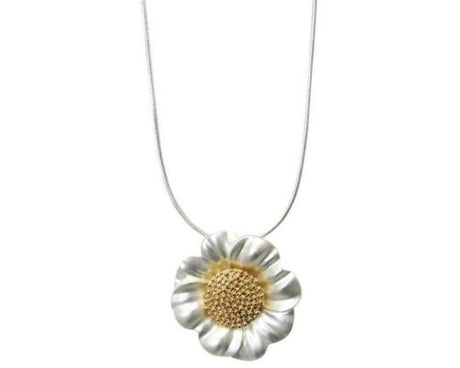 Matt gold sunflower necklace with sparkling center, 3.5 cm pendant on a 46 cm snake chain with 7 cm extension.