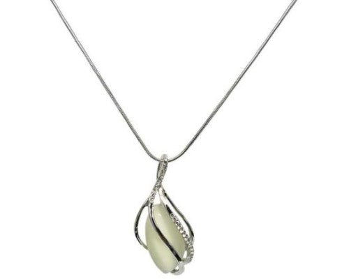 Jax White Teardrop Necklace featuring white cat's eye stone in rhodium cage with diamantes, 5cm x 2cm pendant on adjustable chain.