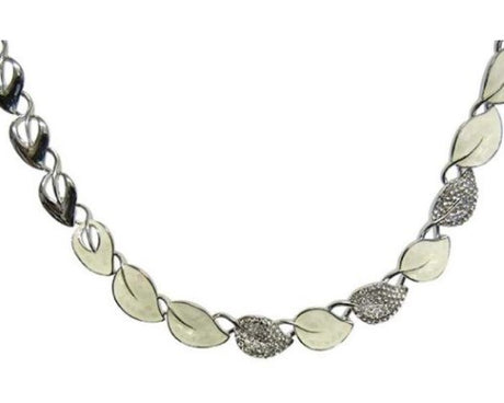 Elegant Jax Bib white necklace with shimmering diamante leaves on a versatile leaf chain, perfect for any occasion.