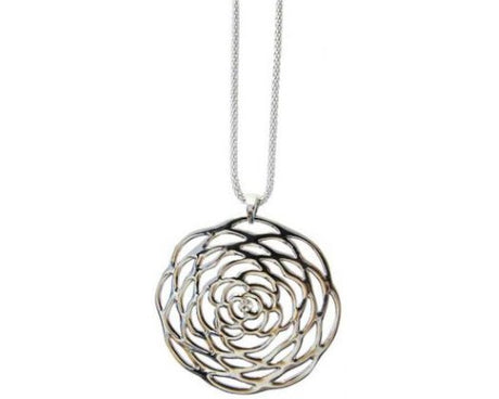 Jax Bold Rose Necklace features a large rhodium-plated pendant with a diamante center on a 70 cm chain.