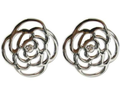 Jax Bold Rose Earrings in rhodium with clear diamante, 2.1 cm diameter, perfect for adding glamour to any outfit.